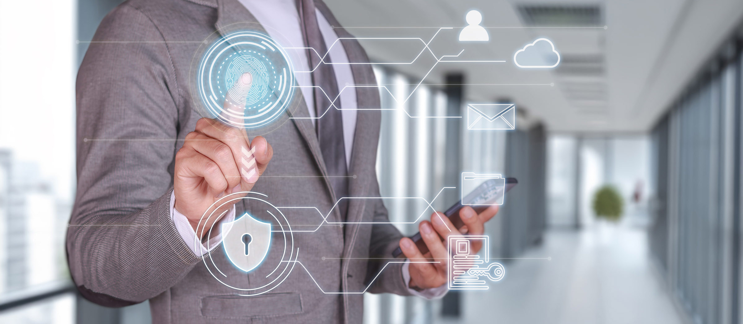 Businessman Using Biometric Security to Access Encrypted Cloud D